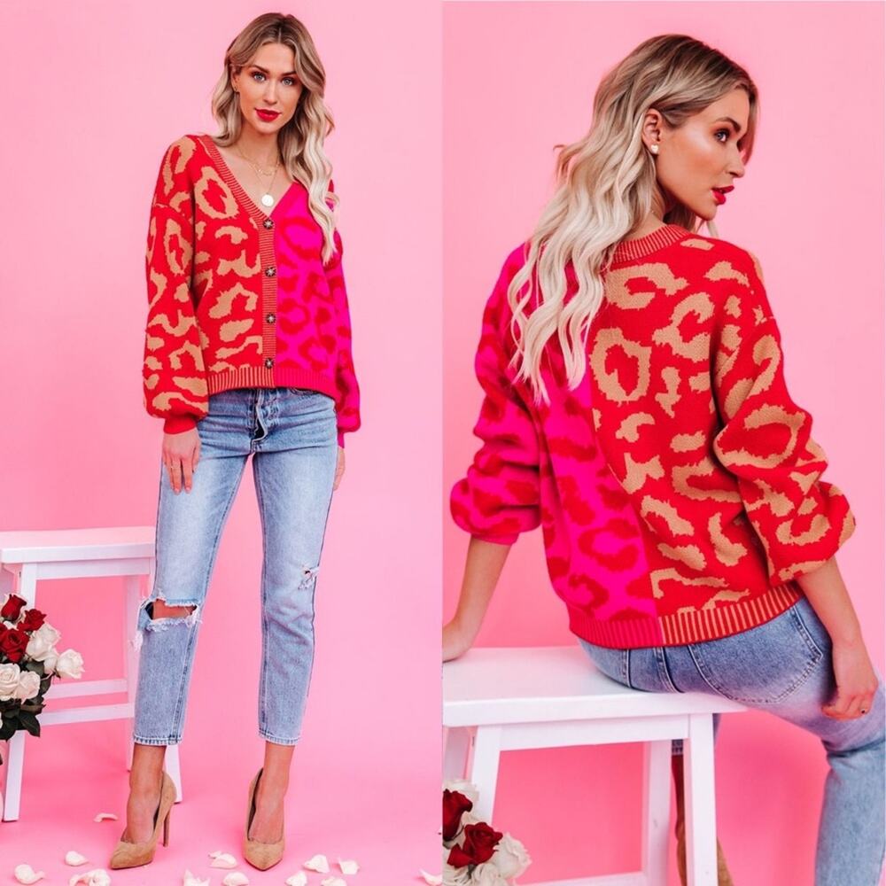 J.NNA • Red + Pink Two-Tone Color Block Button Fr… - image 1